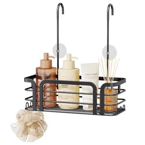 SWTYMIKI Shower Caddy Hanging Organizer - Over the Door Shower Caddy with 6 Hooks, 2 Installation Ways, Stainless Steel Rustproof Bathroom Organizer, Black - color: Black-1 tier