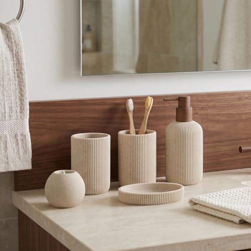 Bathroom Accessories Set, 5 PCS Sandstone Look Stripe Modern Bath Organizer with Soap Dispenser, Toothbrush Holder, Tumbler, Soap Dish, Candle Holder for Countertop Kitchen Sink (Beige) - color: Beige