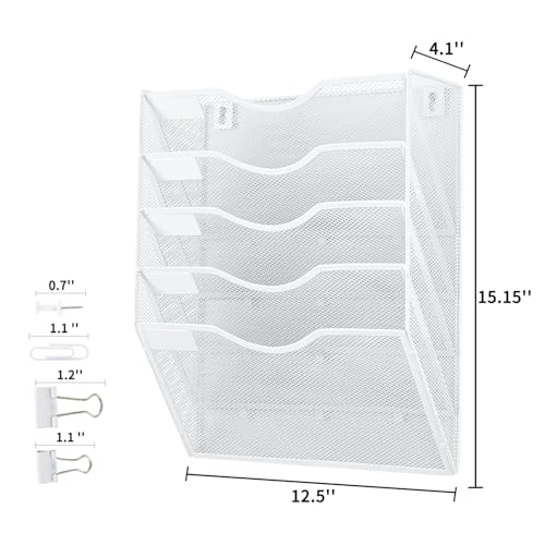 LEKETREE Hanging Wall File Organizer with Office Assorted, 5 Pockets Mesh Wall Mounted File Folder Holder for Mail, Paper, Document, Binder, Magazine, Menu (White) - color: White