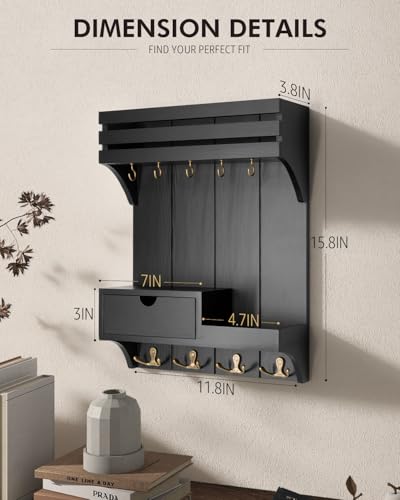 Rebee Vision Modern Key Holder Wall Mount with Mini Drawer Organizer - Decorative Mail Organizer with 9 Key Hooks and Floating Shelf - Stylish Home Decor for Apartment Essentials (Black) - color: Black, style: Small Drawer