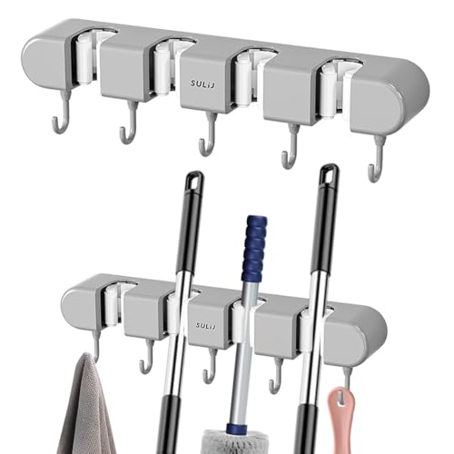 2Pcs Broom Holder Wall Mount, No-Drilling Self-Adhesive Mop and Broom Storage Rack with Hooks (4 Racks with 5 Hooks), Wall-Mounted Broom Hanger for Bathroom, Kitchen, Closet, Garage (Grey) - color: Grey