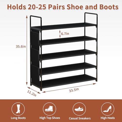 5 Tier Shoe Rack Organizer, Freestanding Shoe Storage Shelf with Side Pockets & Hooks, Waterproof Non-Woven Fabric Shoe Stand for Entryway, Closet, Bedroom, Holds Up to 20 Pairs of Shoes.(Black)