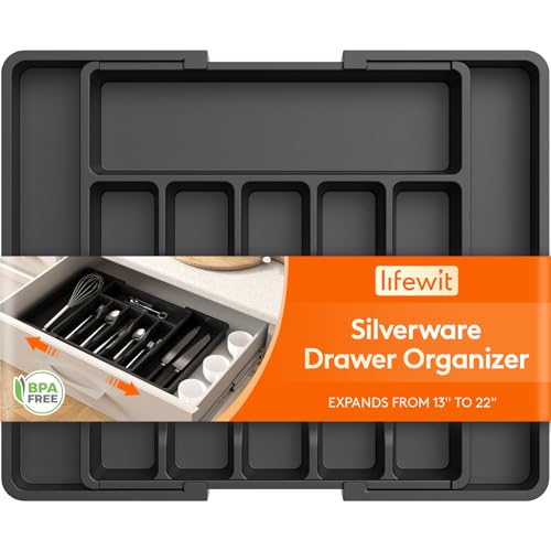 Lifewit Silverware Drawer Organizer, Expandable Utensil Tray for Kitchen, BPA Free Flatware and Cutlery Holder, Adjustable Plastic Storage for Spoons Forks Knives, 13-22 x 15", Black - color: Black, size: XL (13-22''W x 15''D)