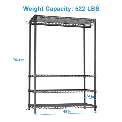 Ulif H4 Plus Portable Closets, 4-Tier Clothes Garment Rack for Bedroom and Cloakroom, Metal Clothing Storage and Organizer Wardrobe System, 45" W x 14" D x 76.4" H, Load 522lbs, Black - color: Black, size: H4 Plus