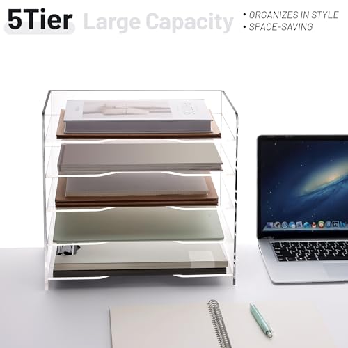 SANRUI Acrylic Desk File Organizer 5 Tier Letter Tray Paper Organizer with Handle for Office, Home, Classroom Clear Desk Organizer Document Holder - style: Enlarged File Tray 5 Tier