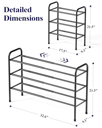Kitsure Extendable Shoe Rack - 2-Tier Adjustable Metal Shoe Organizer, Sturdy Rust-Resistant Shoe Shelf for Entryway, Closet, or Bedroom, 17.5"–32.6" x 9.1" x 21.5", Black - color: Black, size: 3-Tiers