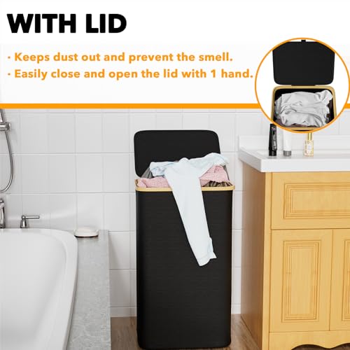 SpaceAid Laundry Hamper with Lid, 110L Large Tall Clothes Basket Bin with Bamboo Handles, Collapsible Laundry Hamper for Bedroom, Bathroom, Dorm, Laundry Room - Black - color: Black, size: 110 L