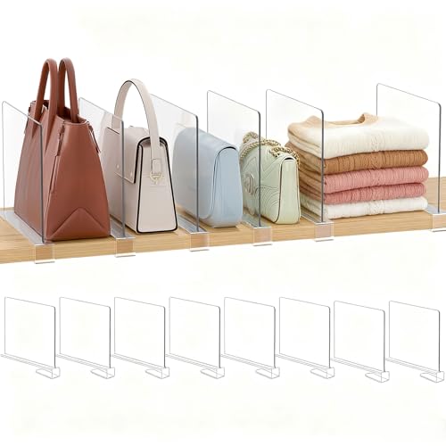 Purse Organizer for Closet Shelf Dividers: 8-Pack Adjustable Clear Acrylic Bag Storage Organizer for Handbags, Sweaters, Towels, Jeans and Shoes on Wood Shelves - color: Clear:8-pack, size: Standard: 8" Tall x 12" Deep