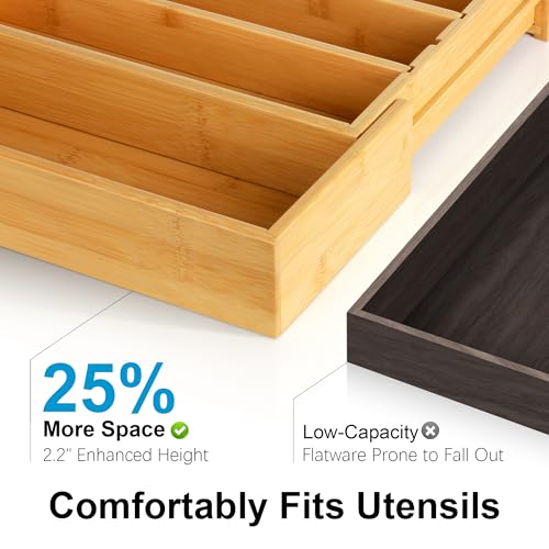 Bamboo Expandable Silverware Organizer - Adjustable Cutlery Tray with 3 Removable Dividers & 5 Tracks, Drawer Organizer for Utensils, Stationery, Tools (12.6" to 20.5")