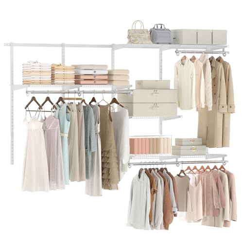 Giantex Closet Organizer System, 4-8 FT Wall-Mounted Closet Shelves and Rod, Adjustable Closet Organization w/ Hanging Rod, DIY Expandable Modular Metal Wire Shelving for Laundry Bedroom (White) - color: White, size: 96"x14"x47.5"