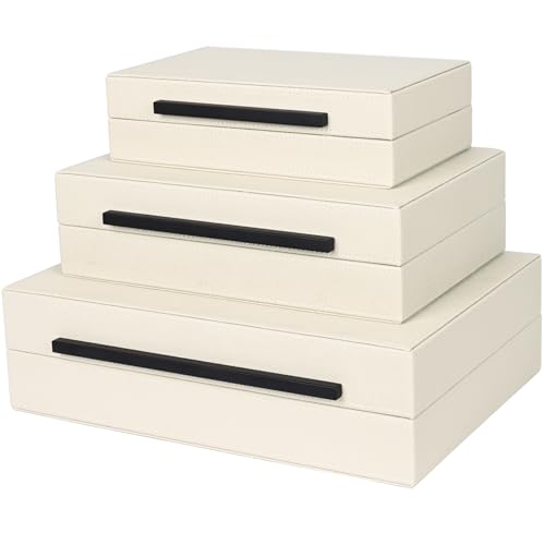 Beige Shagreen Decorative Box Set of 3 - Faux Leather Nesting Storage Boxes with Lids, Large Modern Jewelry Organizer, Stackable Home Decor Box for Bedroom, Bathroom & Office - color: Beige+Black Handles, size: 3 pack