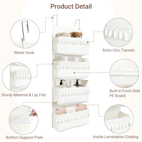 Dahey Over The Door Organizer Boho Nursery Storage Decor Closet Hanging Organizer with Tassels Decoration for Bedroom Nursery Bathroom Apartments Dorm Pantry, 4 Pockets, White - color: White, size: Medium