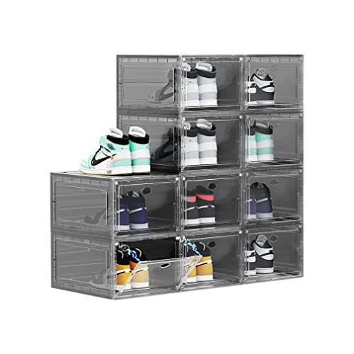 Large Clear Plastic Shoe Boxes Stackable, 10 Pack Drop Front Shoe Storage Box 0rganizer, Sneaker Storage Shoe Containers Display Case for Size 12 (Ash 10pack) - color: Ash, size: 10 PACK