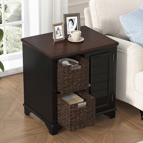Multifunctional End Table Side Table with a Shutter Style Door and 2 Woven Grass Baskets, Sofa Side Narrow Table, Wood Bedside Nightstand for Living Room Bedroom (Black-4.7) - color: Black-4.7