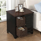 Multifunctional End Table Side Table with a Shutter Style Door and 2 Woven Grass Baskets, Sofa Side Narrow Table, Wood Bedside Nightstand for Living Room Bedroom (Black-4.7) - color: Black-4.7