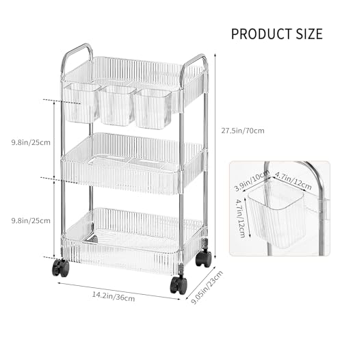 3 Tier Rolling Cart with Hanging Basket, Easy Assembly Acrylic Storage Carts with Lockable Wheels, Utility Cart Storage Organizer Serving for Office, Living Room, Kitchen, Bathroom - style: 3-Tier