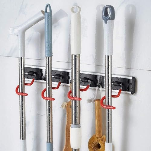 Wall Mounted Mop and Broom Holder, Stainless Steel, Red Black, 34 Inches, 8 Position Rack with 6 Hooks, S Type Organizer - size: 34inch