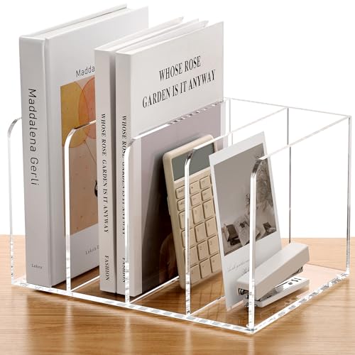 SANRUI Acrylic Magazine Holder Desk Organizer Workspace Sorters，Clear Bookend File Sorter Holder,Folder Rack, Office Accessories Organization Storage with 4 Vertical Compartments - style: B5 File Rack (4 slots)