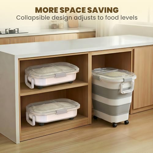 25-35Lbs Rice Container,Collapsible Food Storage Containers with Transparent Airtight Lid,Wheels,Rice Storage Container with Small Bin and Scoop,Rice Dispenser for Flour Sugar Cereal Grain Dog Cat - color: Clear/25-40lbs