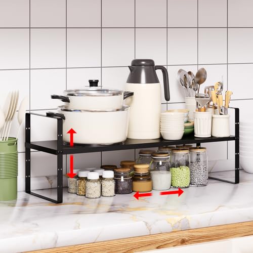 Expandable Cabinet Shelf Organizer Rack, Stackable Kitchen Counter Storage Shelves Stand, Adjustable Height Pantry Shelf Spice Rack(Black-1 Pack, 8.7" D x 15.4-26.8" W x 9.8" H) - color: Black-1 Pack
