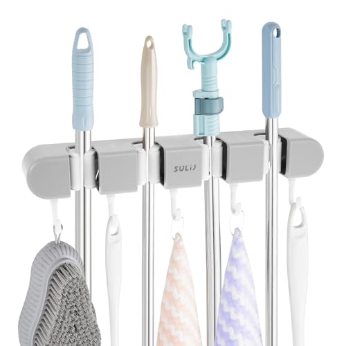 3PCS Broom Holder Wall Mount, No-Drilling Self-Adhesive Mop and Broom Storage Rack (4 Racks with 5 Hooks),Wall-Mounted Broom Hanger for Bathroom, Kitchen, Closet, Garage (Gray) - color: Gray