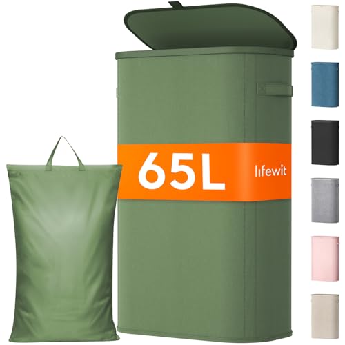 Lifewit Slim Laundry Basket with Lid, Narrow Large Laundry Hamper with Plastic Handles and Removable Bag, Tall Foldable Dirty Clothes Hampers for Laundry Room, Bedroom, Bathroom, Dorm, 65L Green - color: Green, size: 65L