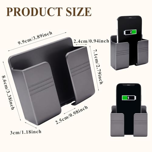 2 Pcs Wall Mount Phone Holder with 3M Adhesive Phone Stand with Data Cable Receiving Hole, Charger Remote Control Storage Box for Bedroom, Kitchen, Bathroom, Office (Gray) - color: Grey