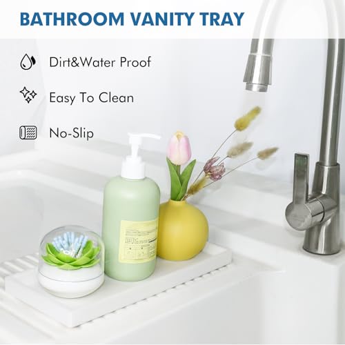 Bloss Counter Tray Set for Bathroom/Kitchen - 15.7" Silicone Tray for Kitchen Countertop, Soap and Sponge Holder, Bathroom Vanity Traty for Perfume,Jewelry,Candle,Key Tray - color: White, size: 15.7" x 5.9" x 0.9"