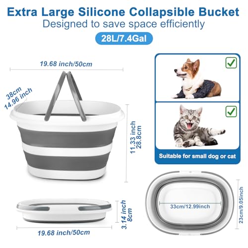 28L Large Collapsible Mop Bucket with Handle for Cleaning, Silicone Portable Pet Bathtub for Puppy Small Dogs Cats, Foldable Laundry Basket Hamper Clothes Storage Bin Space Saving Design for RV Home - color: Gray, size: 28L