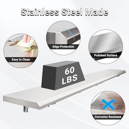 Concession Shelf Drop Down 12" x 48", Spliced Style Folding Concession Stand Shelf Commercial Grade Stainless Steel, Foldable Concession Shelves for Snack Bar, Food Cart, Movie Theater - size: 12" x 48"