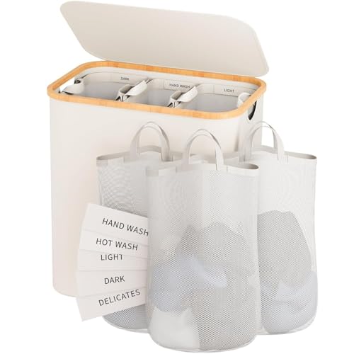 Laundry Hamper 3 Section, 145L Dirty Clothes Hamper with Lid, Extra Large Laundry Basket Organizer with Removable Inner Bags & Labels for Laundry Room, Bedroom, Beige - color: Beige, size: 145L