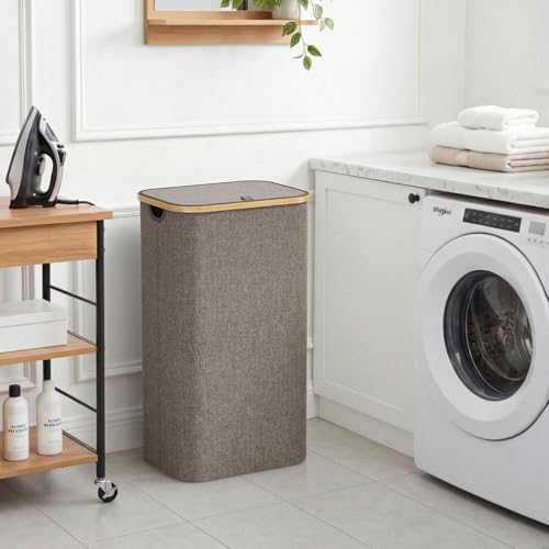 Lifewit 100L Laundry Basket with Lid, Clothes Hampers for Laundry with Bamboo Handles and 1 Removable Bag, Large Foldable Laundry Hamper for Bedroom, Bathroom, Dorm, Laundry Room, Brown - color: Brown, size: 100L