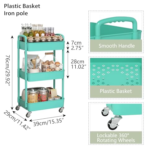 Sywhitta 3-Tier Plastic Rolling Utility Cart with Handle, Multi-Functional Storage Trolley for Office, Living Room, Kitchen, Movable Storage Organizer with Wheels, Green - color: Green, size: 3-tier
