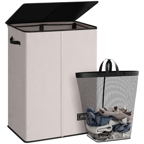 SOLEDI Laundry Hamper with Lid 130L Large & Tall Collapsible Laundry Basket, Clothes Hamper with Bag Removable Easy to Carry, Dirty Hampers for Bedroom, Bathroom, Dorm, College, Light taupe - color: Light taupe, size: 130L