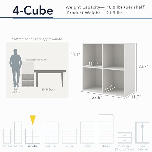 Homes: Inside + Out Apexa 4-Cube Storage Organizer Shelves, Stackable Wood Bookcase Fits Cubby Bins for Organization, Dorm Teen Room Decor & Home Office, White - color: White, size: 4-Cube