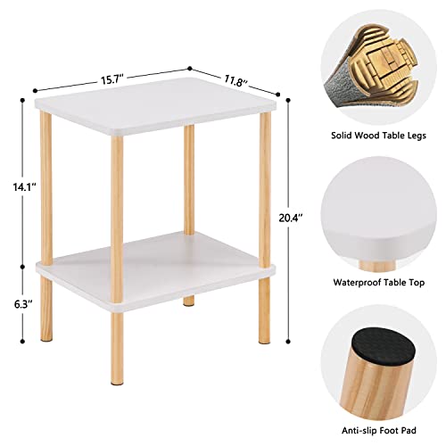 Apicizon 2 Tier End Table, Small Side Table with Solid Wood Legs, Boho Bedside Table with Storage Shelf, Nightstand for Small Spaces, Bedroom, Living Room, Entryway, Easy Assembly, White+Natural - color: White+natural, size: 1 Set, style: 2 Tier
