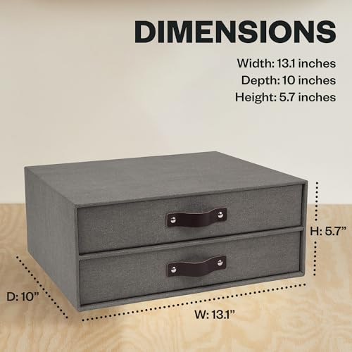 Bigso Birger 2-Drawer Canvas Fiberboard Easy Pull Handle Document Letter Box | Desktop Drawers for Loose Papers and Documents | Desktop Storage Drawers with Leather Handles | 13.1” x 10” x 5.7” | Grey - color: Grey
