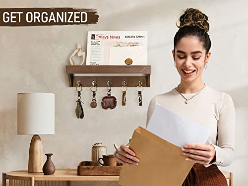 Rebee Vision Farmhouse Key Holder for Wall - Decorative Wooden Mail Organizer with 5 Rustic Key Hooks and Floating Shelf for Home Decor, Hallway, Entryway, Appartment (Retro Brown) - color: Brown