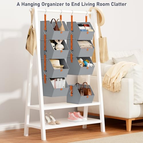 DIMJ Hanging Closet Organizer - 4 Tier Collapsible Hanging Shelves with Hooks Zipper, Fabric Clothes Organizer, Space-Saving Storage Bin Basket for RV, Bedroom, Laundry Organization - color: Grey, size: 4 Pack
