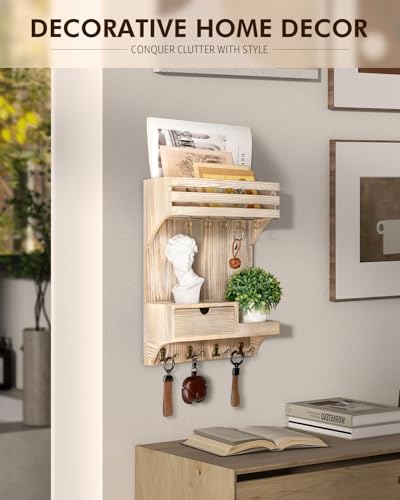 Rebee Vision Decorative Key Holder Wall Mount with Mini Drawer Organizer - Farmhouse Key Holder for Wall with Mail Organizer & 9 Key Hooks - Ideal Room Decor Aesthetic (Natural Wood) - color: Natural Wood, style: Small Drawer