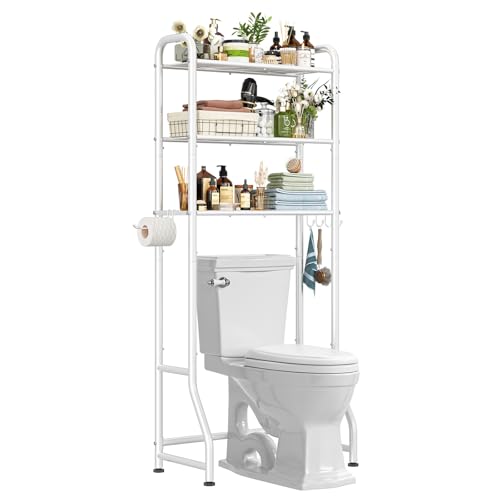 Simple Trending Over The Toilet Storage Rack, Metal 3 Tier Bathroom Organizer Shelf with Paper Holder and 3 Hooks, Freestanding Shelf Space Saver Above Toilet, White - style: 3 Tier White