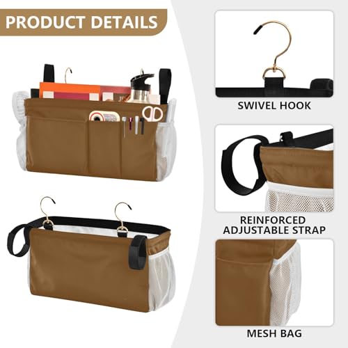 Brown Bedside Caddy Storage Bag Bedside Organizer for Bunk Bed Headboards College Organizer Caddy Hanging Shelf 6 Pockets with Hooks for Drinks Magazine Phone Holder - color: Brown
