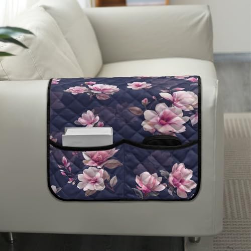 Purple Magnolia Print Sofa Arm Slipcover Non-Slip Diamond Pattern Armchair Slipcovers with 2 Pockets for Books Remotes, Stain Resistant Furniture Protectors Modern Home Decor - color: Purple Magnolia