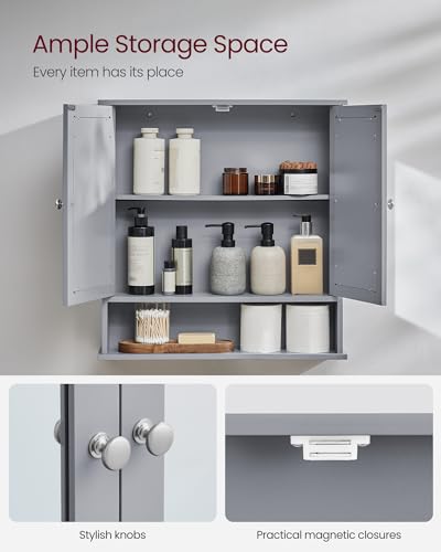 VASAGLE Bathroom Cabinet with Mirror, Wall Cabinet with 2 Mirrored Doors, Adjustable Shelf, Open Compartment, Wall-Mounted, 5.1 x 22.2 x 23 Inches, Dove Gray ULHC002G02 - color: Dove Gray, size: 5.1"D x 22.2"W x 23"H