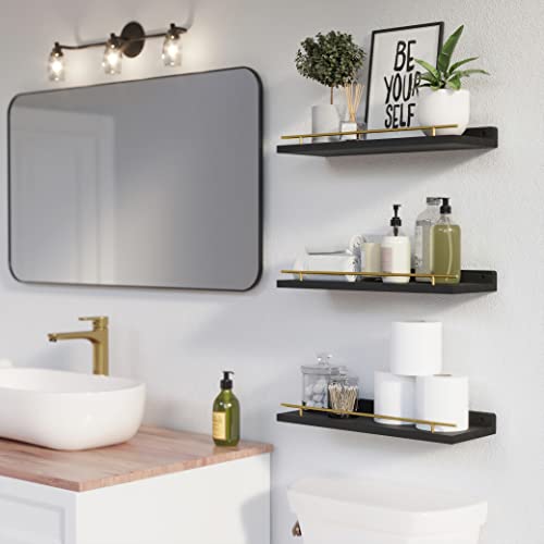 WOPITUES Floating Shelves with Gold Metal Guardrail, Shelves for Wall Decor Set of 3, Wall Shelves for Bedroom, Bathroom, Kitchen, Living Room, Plants, Picture Frames, Art- Black and Gold - color: Black and Gold, size: 15.7 inch