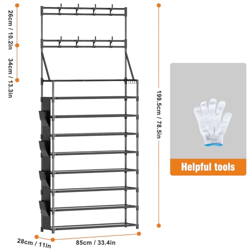 OYREL Shoe Rack 8 Tier Large Shoe Organizer Storage 32-40 Pairs Metal Shoe Storage Rack with Hooks and Side Pocket for Entrance Entryway Closet Shoe Shelf Holder - color: Black, size: 8 Tier