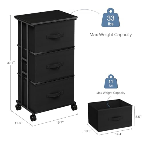 DUMOS 3 Drawers Dresser for Bedroom with Wheels, Fabric Storage Cabinet Organizer with Removable Fabric Bins, Sturdy Steel Frame for Living Room, Office, Entryway, Closets, Black - color: Black, size: 11.8"D x 16.7"W x 30.1"H (3 Drawers)