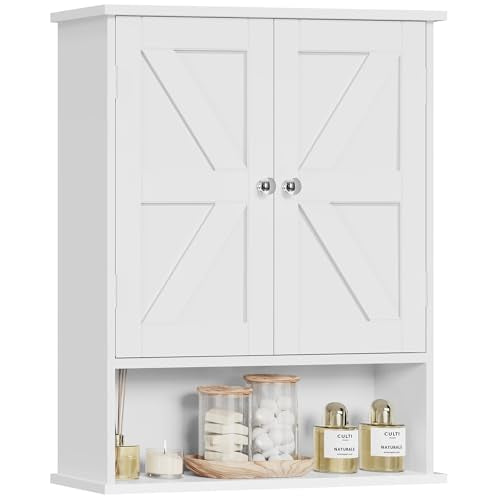TEENFON Bathroom Wall Cabinet, Over The Toilet Space Saver Storage with Barn Doors & Adjustable Shelf, Hanging Medicine Cabinet, White 7.1" D x 15.4" W x 19.3" H - color: White