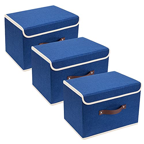 TYEERS Collapsible Storage Boxes, Washable Fabric Storage Bins with Lids, 14.9x9.8x9.8 inches, 3 Pack, Classic Blue - color: Classic Blue, size: 3-pcs 14.9x9.8x9.8 in