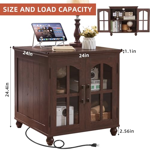 RWYHG Farmhouse End Table with Charging Station,24" Large Sofa Side Table with Glass Barn Door,Rustic Wood Night Stand with Adjustable Storage Shelf,Square Bedside Table for Living Room,Bedroom Office - color: Retro Walnut, size: Set 1